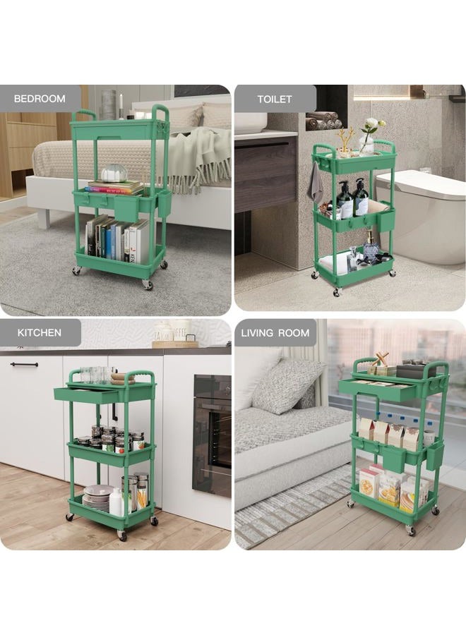REBECAT 3 Tier Rolling Utility Cart with Drawer,Rolling Storage Cart,Storage Cart for Kitchen,Bathroom,Living Room,Storage Organizer with Iron Wheels(Green) - Image 5