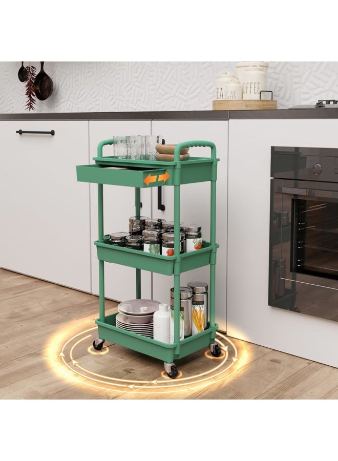 REBECAT 3 Tier Rolling Utility Cart with Drawer,Rolling Storage Cart,Storage Cart for Kitchen,Bathroom,Living Room,Storage Organizer with Iron Wheels(Green) - Image 3