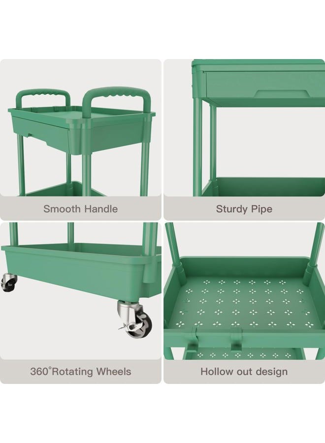 REBECAT 3 Tier Rolling Utility Cart with Drawer,Rolling Storage Cart,Storage Cart for Kitchen,Bathroom,Living Room,Storage Organizer with Iron Wheels(Green) - Image 4