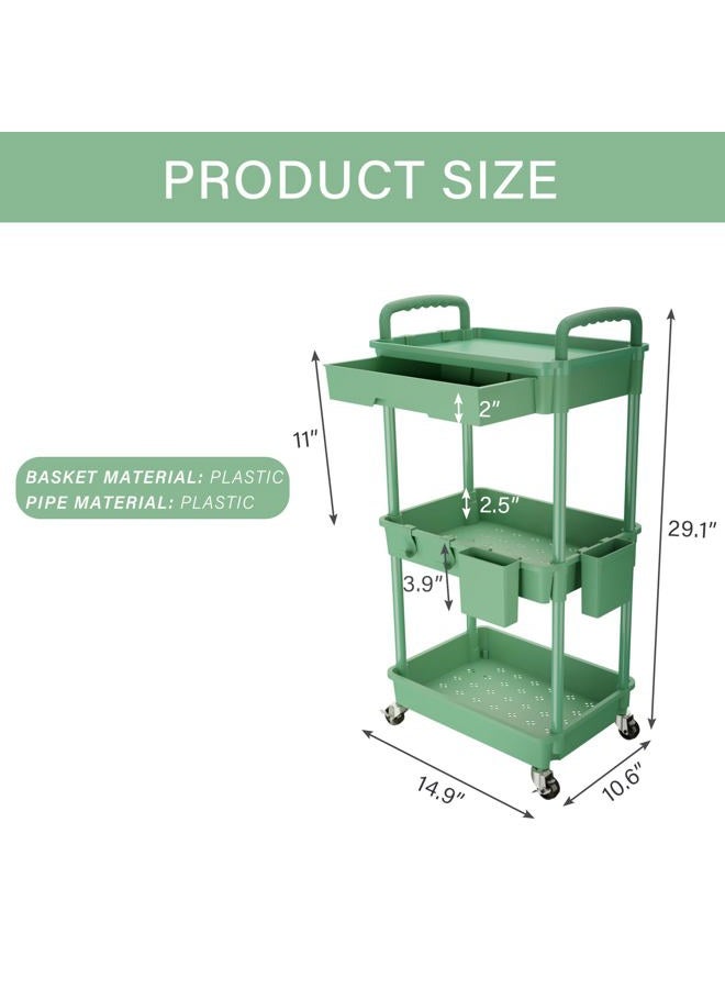REBECAT 3 Tier Rolling Utility Cart with Drawer,Rolling Storage Cart,Storage Cart for Kitchen,Bathroom,Living Room,Storage Organizer with Iron Wheels(Green) - Image 2