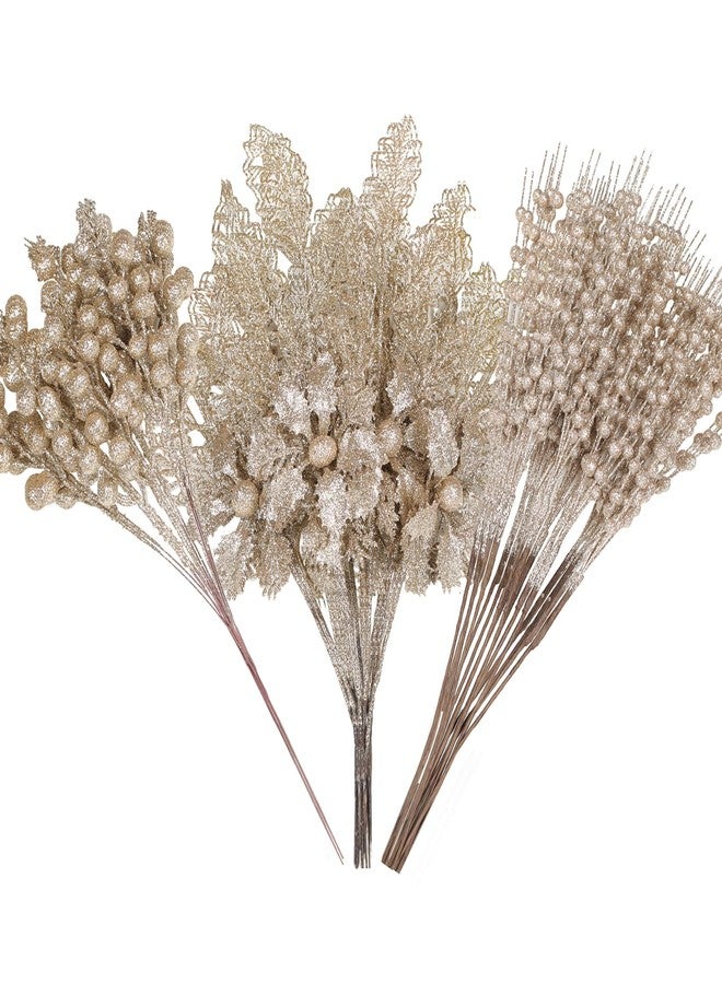 Alupssuc 24 Pcs 3 Styles Glitter Christmas Tree Picks and Holly Berry Stems Christmas Decorations Set, Poinsettia Flowers Artificial for Xmas Tree Ornaments or Party Wreath Fireplace, Champagne Gold - Image 1