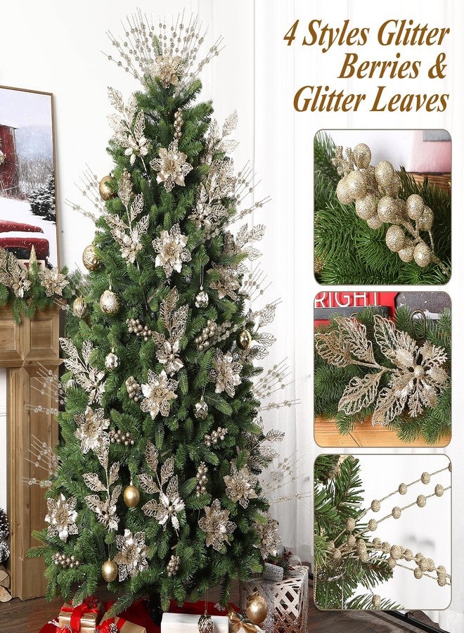 Alupssuc 24 Pcs 3 Styles Glitter Christmas Tree Picks and Holly Berry Stems Christmas Decorations Set, Poinsettia Flowers Artificial for Xmas Tree Ornaments or Party Wreath Fireplace, Champagne Gold - Image 4