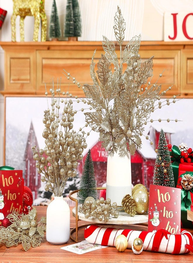 Alupssuc 24 Pcs 3 Styles Glitter Christmas Tree Picks and Holly Berry Stems Christmas Decorations Set, Poinsettia Flowers Artificial for Xmas Tree Ornaments or Party Wreath Fireplace, Champagne Gold - Image 3