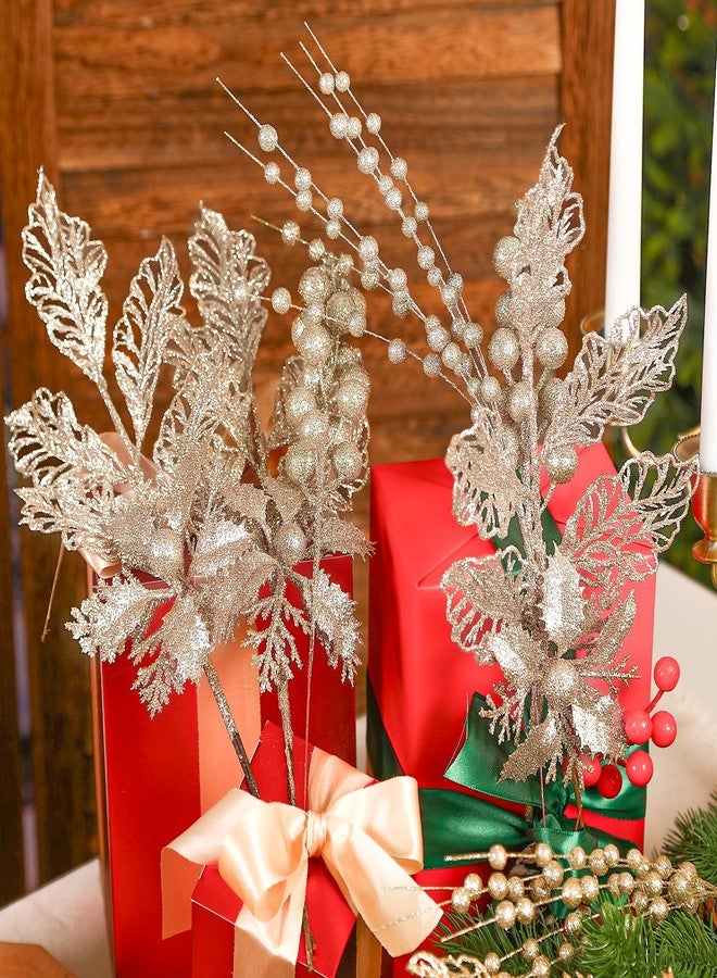 Alupssuc 24 Pcs 3 Styles Glitter Christmas Tree Picks and Holly Berry Stems Christmas Decorations Set, Poinsettia Flowers Artificial for Xmas Tree Ornaments or Party Wreath Fireplace, Champagne Gold - Image 5