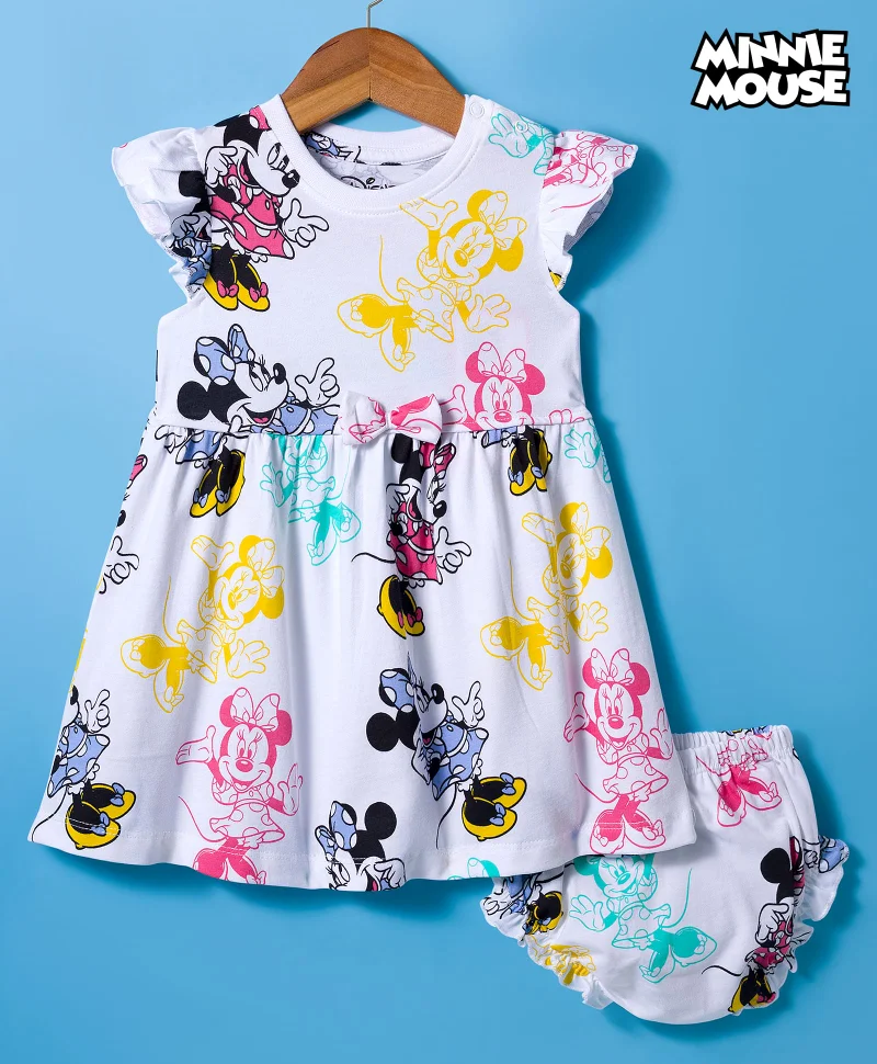Babyhug Disney Babyhug Disney Single Jersey Knit Frill Sleeves Frock with Bloomer & Minnie Mouse Print - White