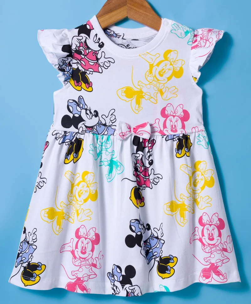 Babyhug Disney Babyhug Disney Single Jersey Knit Frill Sleeves Frock with Bloomer & Minnie Mouse Print - White