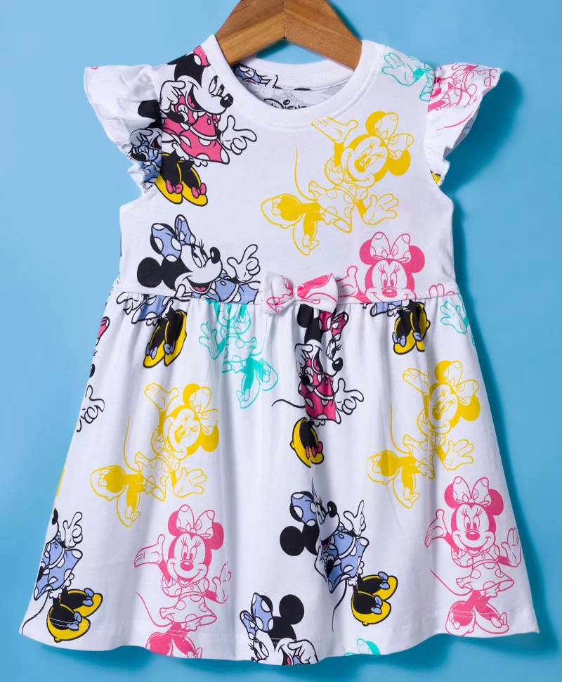 Babyhug Disney Babyhug Disney Single Jersey Knit Frill Sleeves Frock with Bloomer & Minnie Mouse Print - White
