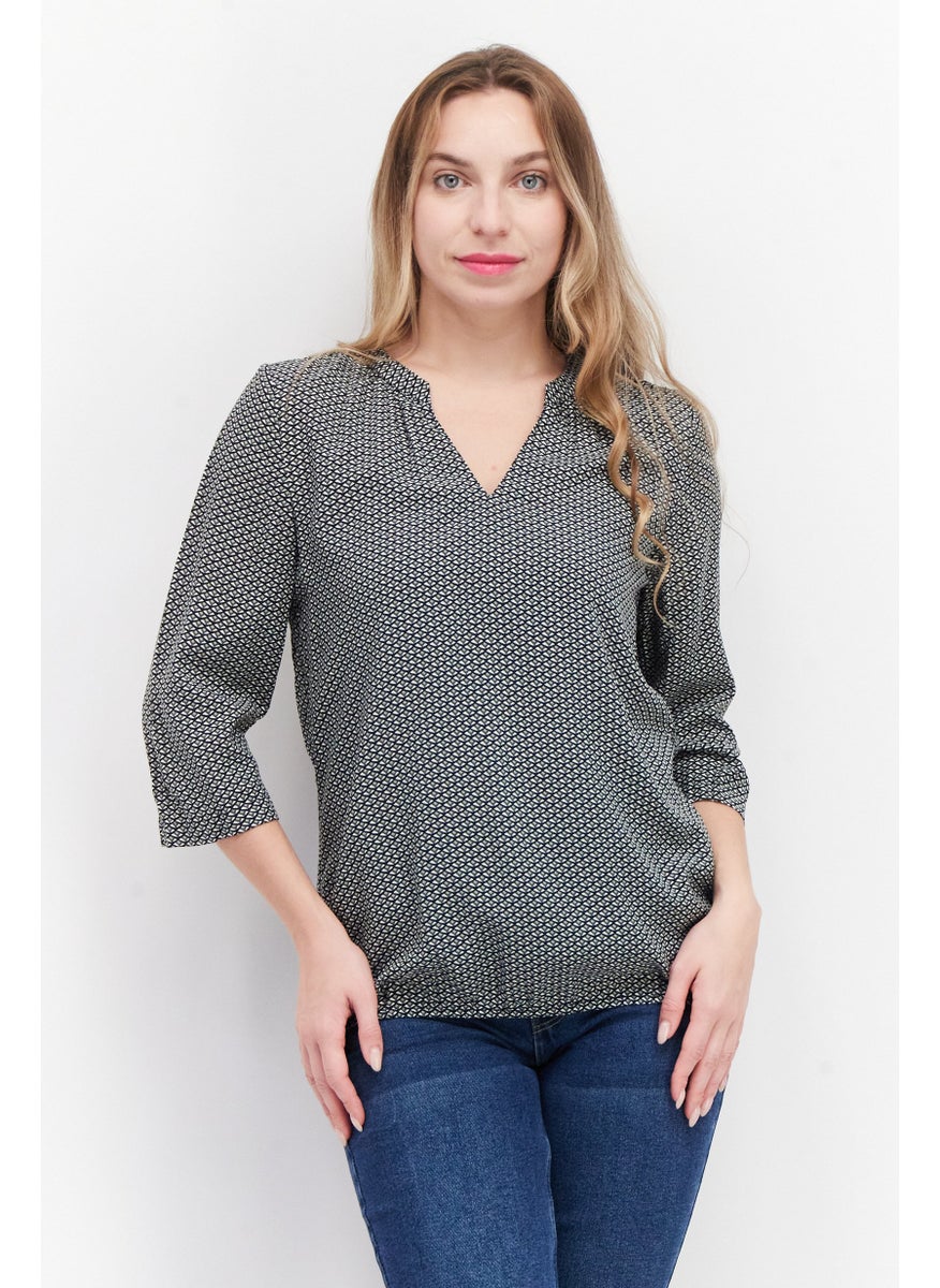 Zero Woemn Split Neck 3/4 Sleeve Allover Print Blouse, Black Combo  - Image 1