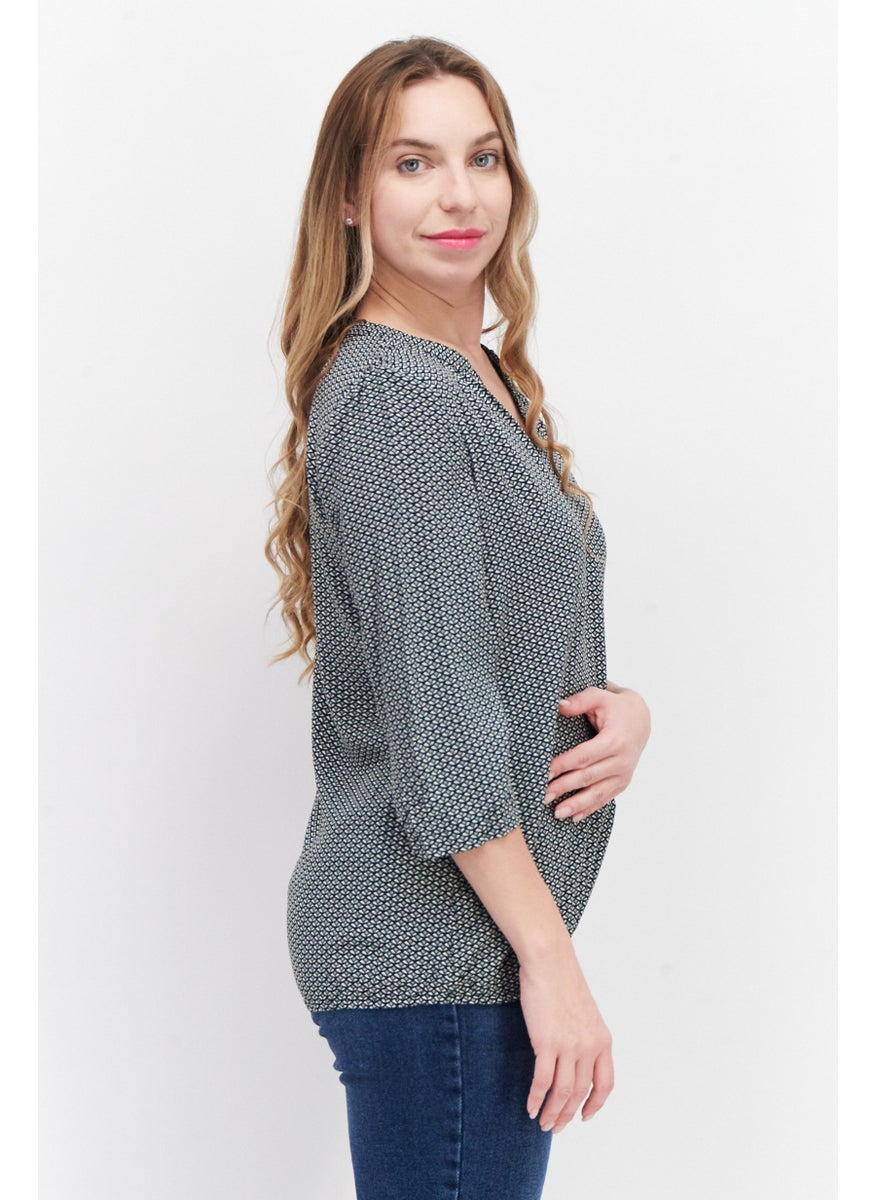 Zero Woemn Split Neck 3/4 Sleeve Allover Print Blouse, Black Combo  - Image 2