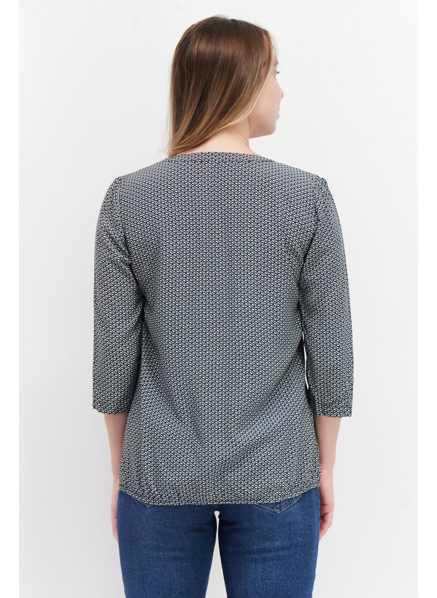 Zero Woemn Split Neck 3/4 Sleeve Allover Print Blouse, Black Combo  - Image 4