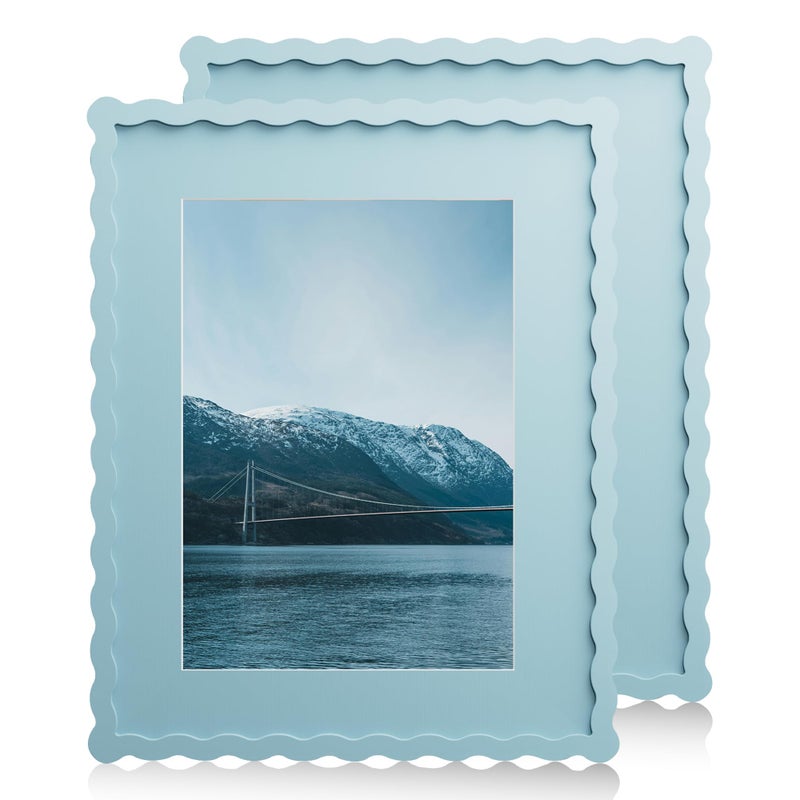 Chrspk 11x14 Wavy Picture Frame With Mat For 8x10, Wavy Edge Wooden Picture Frame with Real Glass - Wall Mount Display, Blue, 2 Pack - Image 1