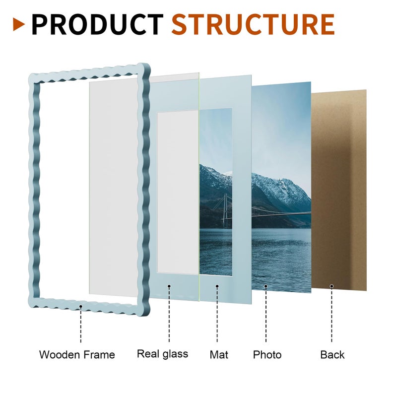 Chrspk 11x14 Wavy Picture Frame With Mat For 8x10, Wavy Edge Wooden Picture Frame with Real Glass - Wall Mount Display, Blue, 2 Pack - Image 2