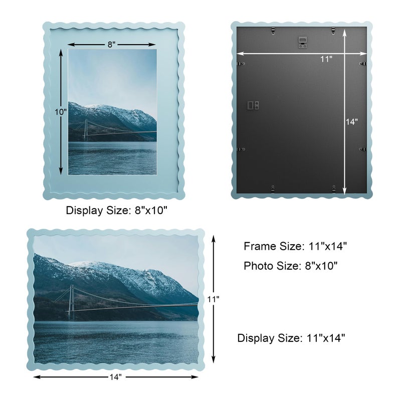 Chrspk 11x14 Wavy Picture Frame With Mat For 8x10, Wavy Edge Wooden Picture Frame with Real Glass - Wall Mount Display, Blue, 2 Pack - Image 4