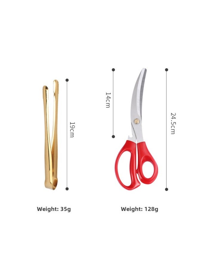 Japanese-style 304 Stainless Steel Barbecue Clip Golden Barbecue Clip Extended Food Clip Steak Clip BBQ Buffet Food Clip-Color:Bare Body Clip 19cm (gold) + Red Scissors - Image 1