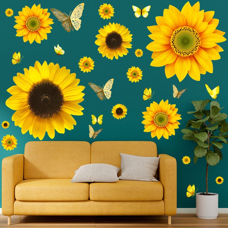 HLARTNET Large Sunflower Wall Stickers - 39 PCS Sunflower Daisy Decals for Wall 3D Butterfly Wall Sticker Sunflower Bathroom Nursery Decor Removable Yellow Flowers Decal for Kitchen Bedroom Decoration - Image 3