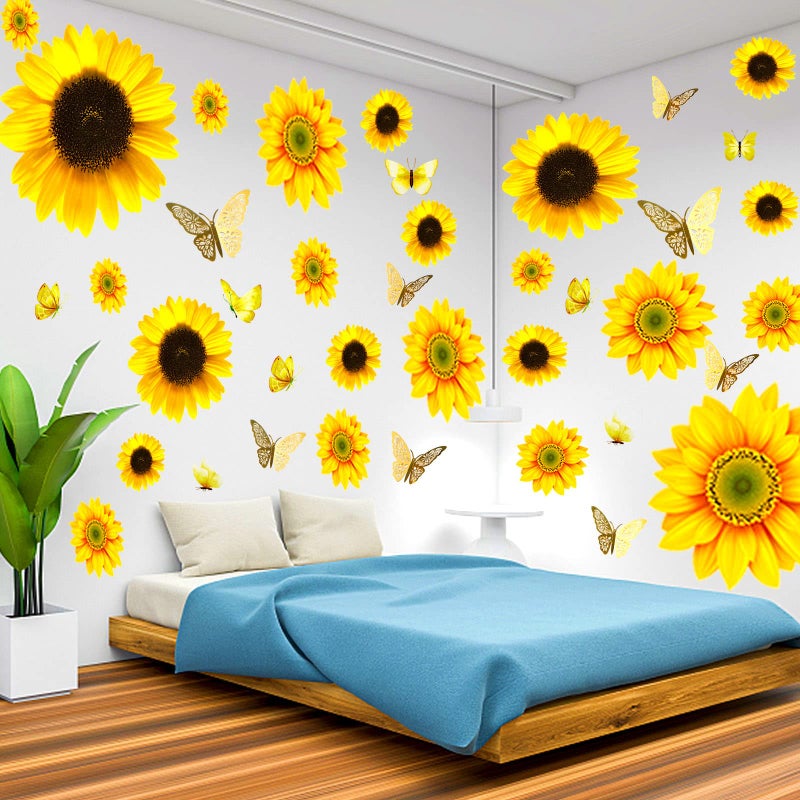 HLARTNET Large Sunflower Wall Stickers - 39 PCS Sunflower Daisy Decals for Wall 3D Butterfly Wall Sticker Sunflower Bathroom Nursery Decor Removable Yellow Flowers Decal for Kitchen Bedroom Decoration - Image 1