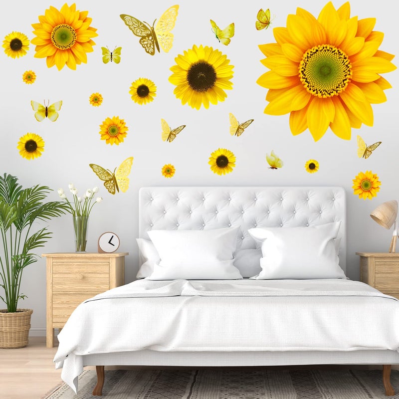 HLARTNET Large Sunflower Wall Stickers - 39 PCS Sunflower Daisy Decals for Wall 3D Butterfly Wall Sticker Sunflower Bathroom Nursery Decor Removable Yellow Flowers Decal for Kitchen Bedroom Decoration - Image 5