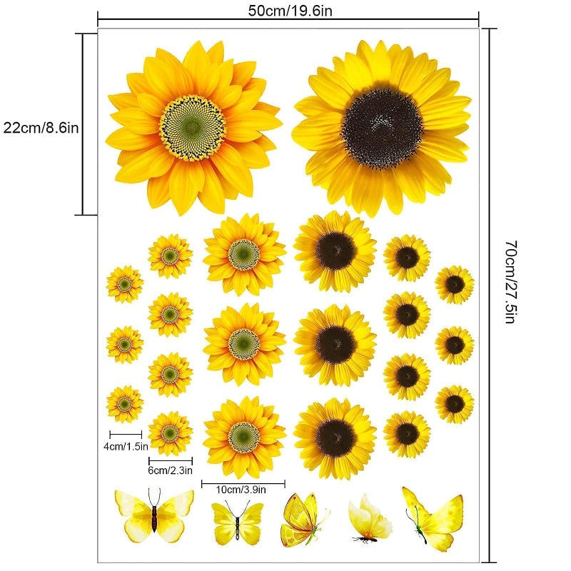 HLARTNET Large Sunflower Wall Stickers - 39 PCS Sunflower Daisy Decals for Wall 3D Butterfly Wall Sticker Sunflower Bathroom Nursery Decor Removable Yellow Flowers Decal for Kitchen Bedroom Decoration - Image 2