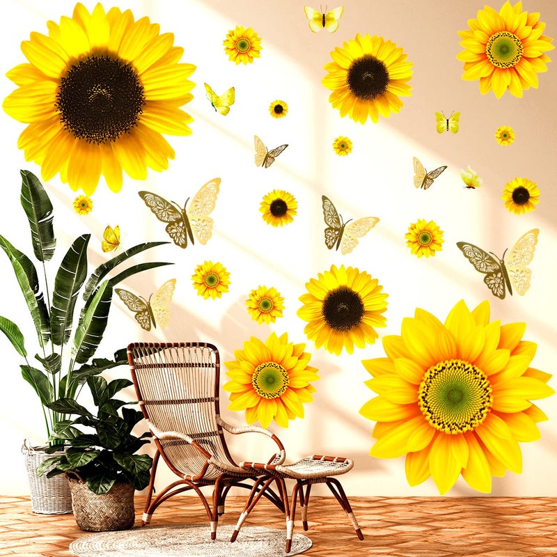 HLARTNET Large Sunflower Wall Stickers - 39 PCS Sunflower Daisy Decals for Wall 3D Butterfly Wall Sticker Sunflower Bathroom Nursery Decor Removable Yellow Flowers Decal for Kitchen Bedroom Decoration - Image 4