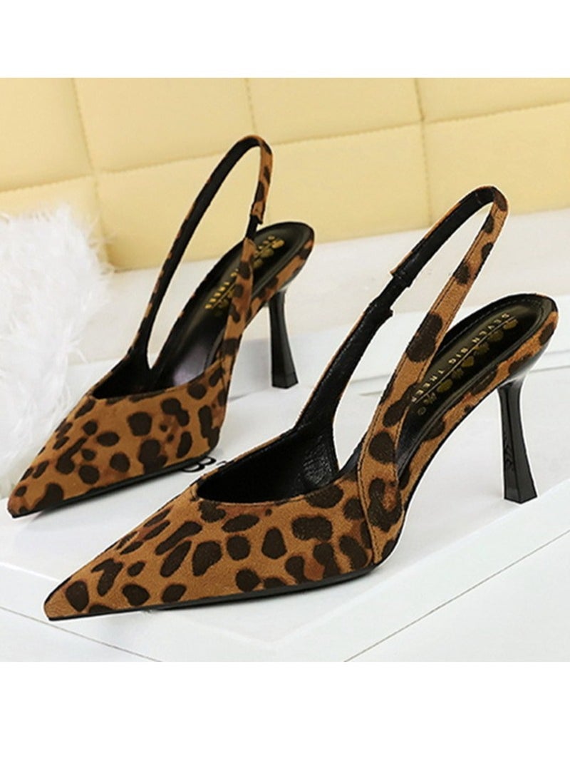 BIGTREE Women's Closed Pointed Toe High Heels With Ankle Straps Stiletto Sandal Pumps Leopard Print 8CM - Image 1