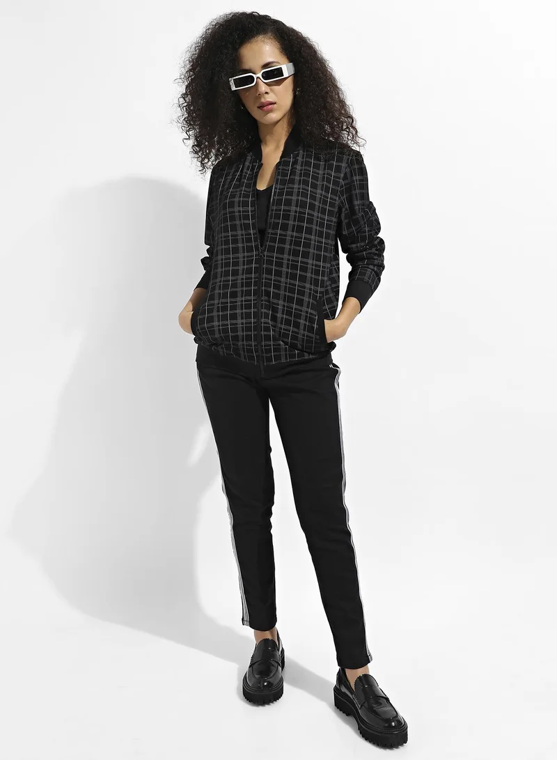 Campus Sutra Women's Black Tartan Plaid Jacket With Zip Closure