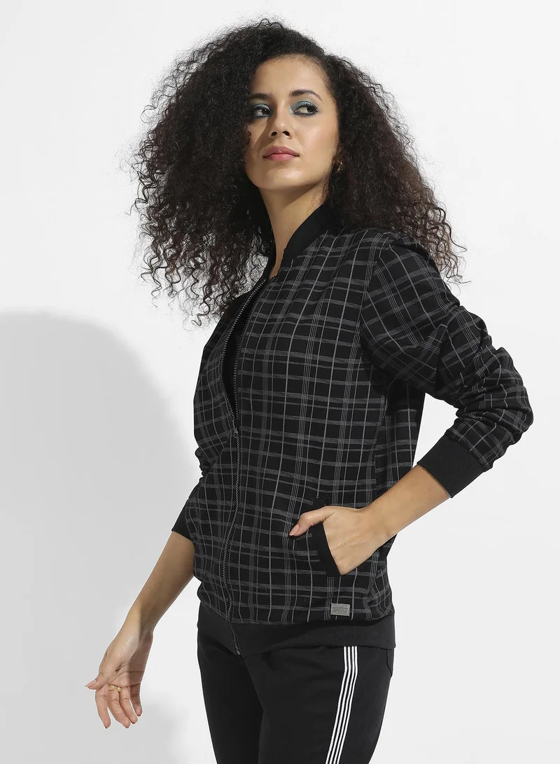 Campus Sutra Women's Black Tartan Plaid Jacket With Zip Closure