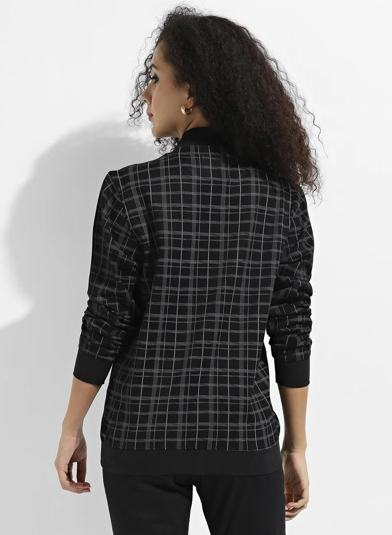 Campus Sutra Women's Black Tartan Plaid Jacket With Zip Closure