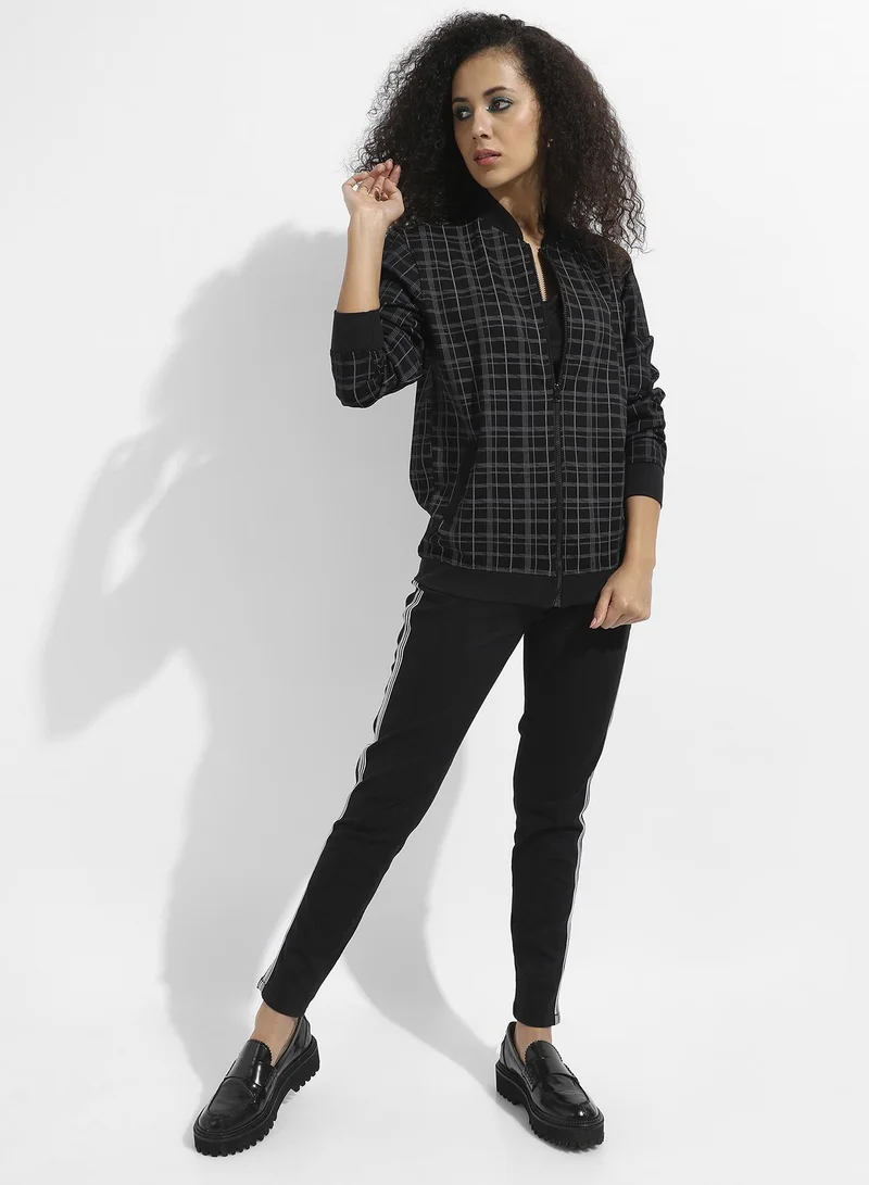 Campus Sutra Women's Black Tartan Plaid Jacket With Zip Closure