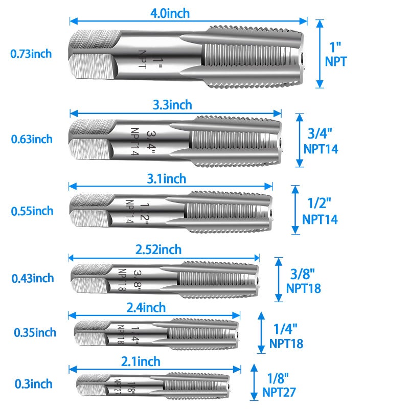 DKIBBITH 6-Piece NPT Pipe Tap Set, 1", 3/4", 1/2", 3/8", 1/4", 1/8" NPT Tap Set, Carbon Steel Hand Threading Plumbing Tap Set for Accurate Threads, Assorted Plumbers Mechanics DIY Thread cutting tools - Image 2