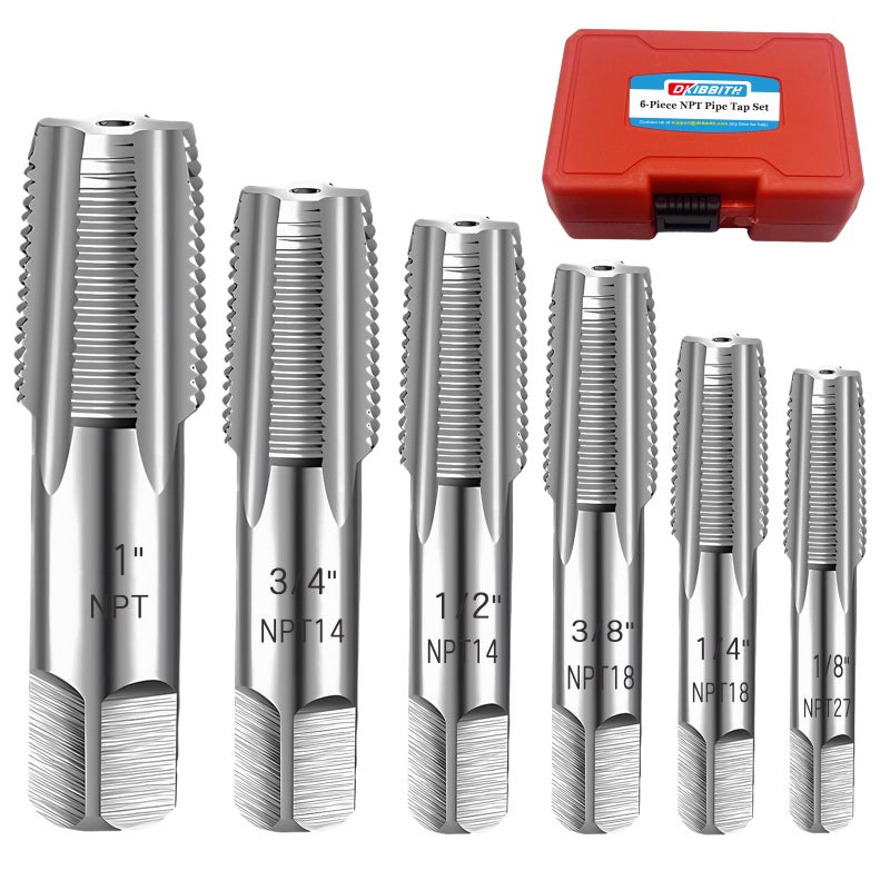 DKIBBITH 6-Piece NPT Pipe Tap Set, 1", 3/4", 1/2", 3/8", 1/4", 1/8" NPT Tap Set, Carbon Steel Hand Threading Plumbing Tap Set for Accurate Threads, Assorted Plumbers Mechanics DIY Thread cutting tools - Image 1