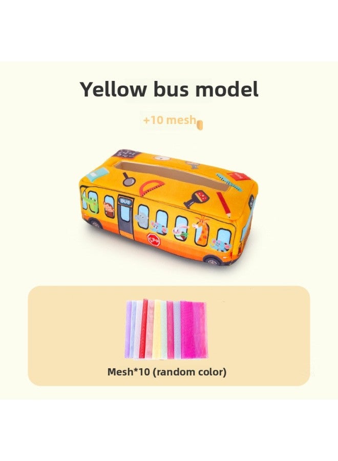 صندوق مناديل من القطيفة للأطفال، لعبة محاكاة للأطفال، تعلم تمرين الإصبع، لعبة رسم الأنسجة-اللون: نموذج حافلة أصفر + 10 شاش - Image 1