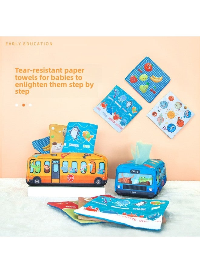 صندوق مناديل من القطيفة للأطفال، لعبة محاكاة للأطفال، تعلم تمرين الإصبع، لعبة رسم الأنسجة-اللون: نموذج حافلة أصفر + 10 شاش - Image 3