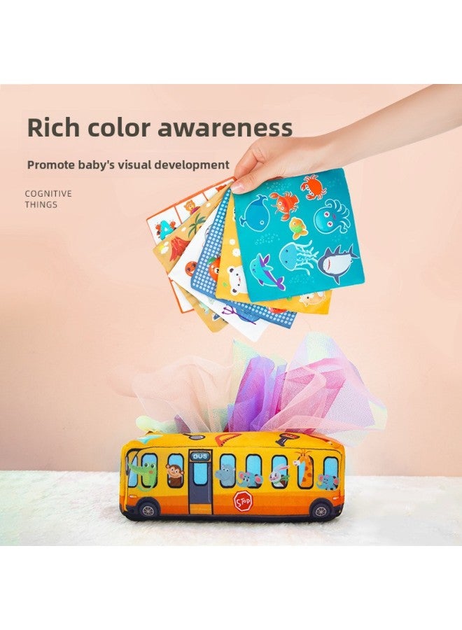 صندوق مناديل من القطيفة للأطفال، لعبة محاكاة للأطفال، تعلم تمرين الإصبع، لعبة رسم الأنسجة-اللون: نموذج حافلة أصفر + 10 شاش - Image 5