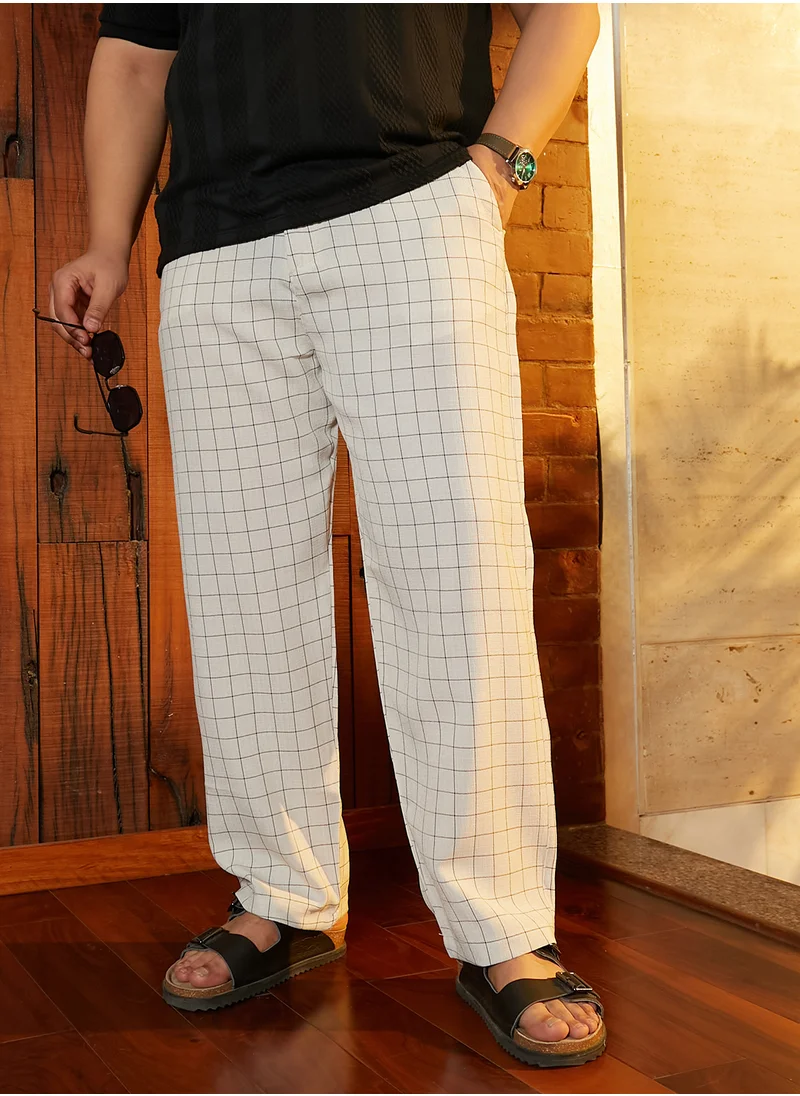 انستافاب بلس Instafab Plus Men's Off-White Graph-Check Casual Trousers For Casual Wear | Mid-Rise | Regular Fit | Drawstring Closure | Plus Size Trousers Crafted With Comfort Fit For Everyday Wear