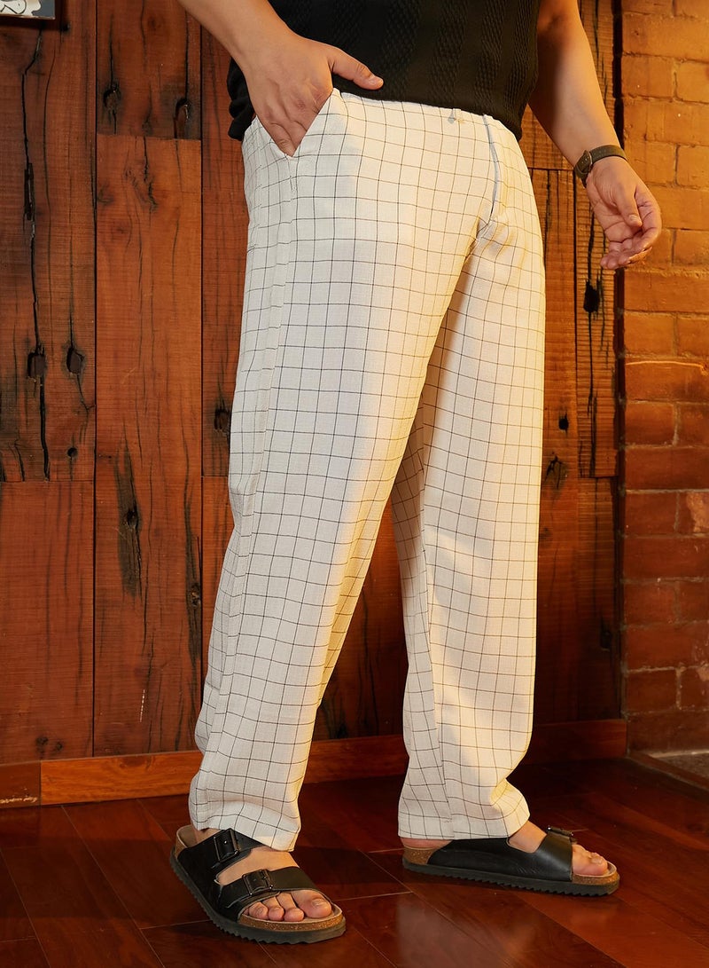 Instafab Plus Instafab Plus Men's Off-White Graph-Check Casual Trousers For Casual Wear | Mid-Rise | Regular Fit | Drawstring Closure | Plus Size Trousers Crafted With Comfort Fit For Everyday Wear  - Image 3
