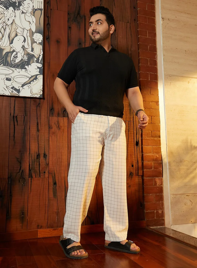 Instafab Plus Instafab Plus Men's Off-White Graph-Check Casual Trousers For Casual Wear | Mid-Rise | Regular Fit | Drawstring Closure | Plus Size Trousers Crafted With Comfort Fit For Everyday Wear