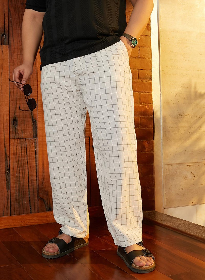 Instafab Plus Instafab Plus Men's Off-White Graph-Check Casual Trousers For Casual Wear | Mid-Rise | Regular Fit | Drawstring Closure | Plus Size Trousers Crafted With Comfort Fit For Everyday Wear  - Image 1