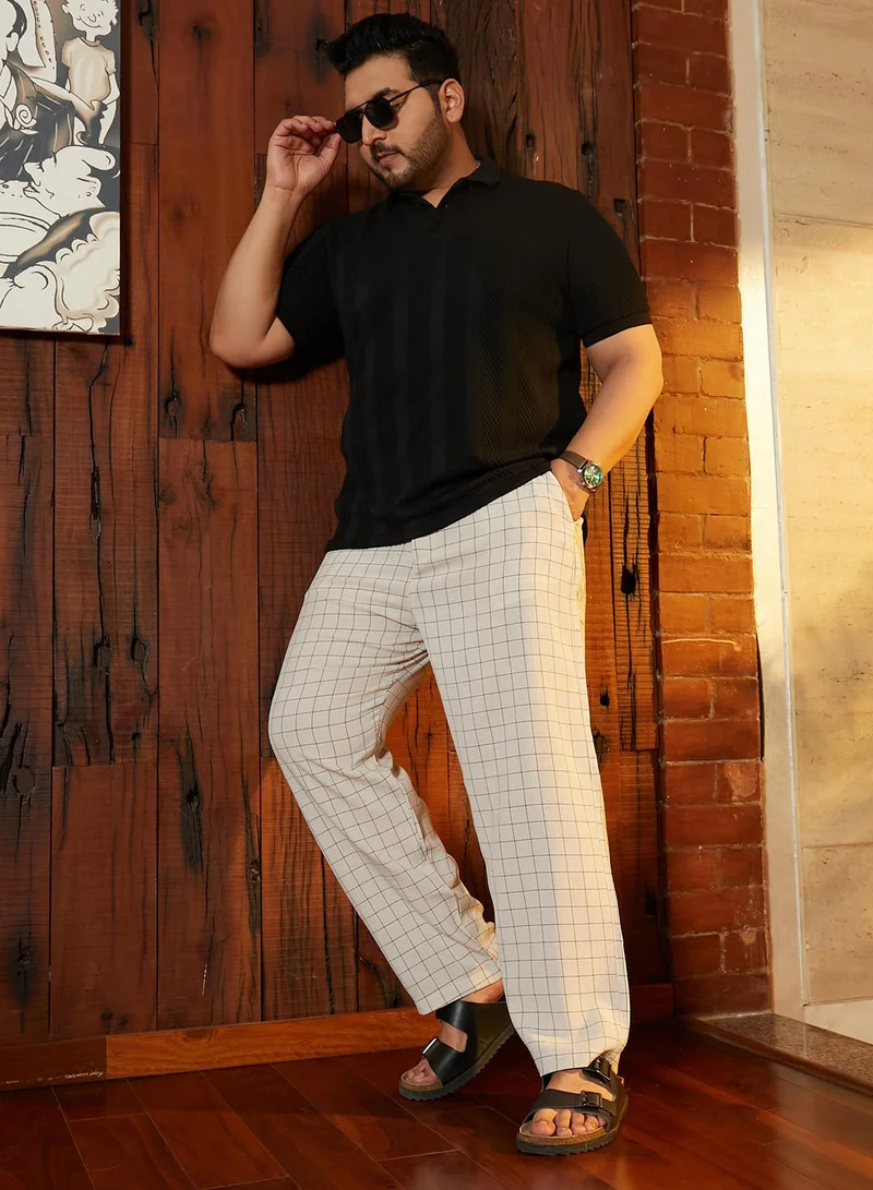 Instafab Plus Instafab Plus Men's Off-White Graph-Check Casual Trousers For Casual Wear | Mid-Rise | Regular Fit | Drawstring Closure | Plus Size Trousers Crafted With Comfort Fit For Everyday Wear
