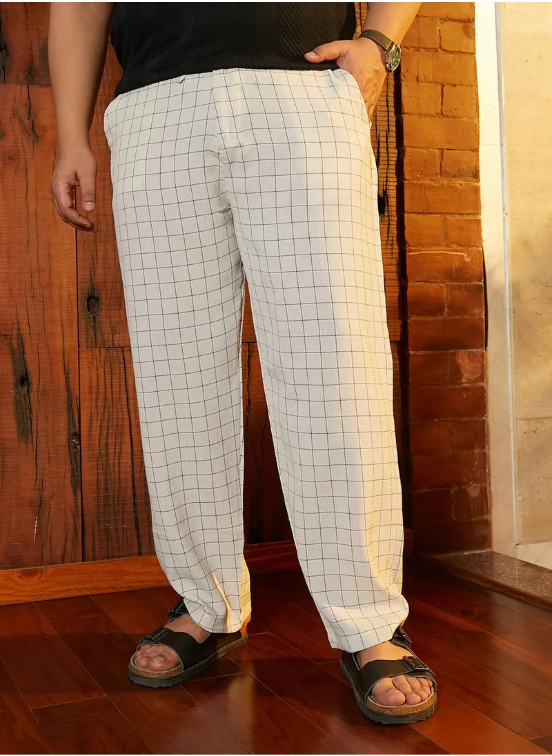 انستافاب بلس Instafab Plus Men's Off-White Graph-Check Casual Trousers For Casual Wear | Mid-Rise | Regular Fit | Drawstring Closure | Plus Size Trousers Crafted With Comfort Fit For Everyday Wear