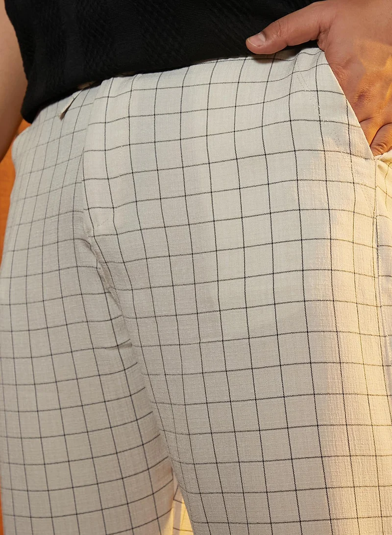 Instafab Plus Instafab Plus Men's Off-White Graph-Check Casual Trousers For Casual Wear | Mid-Rise | Regular Fit | Drawstring Closure | Plus Size Trousers Crafted With Comfort Fit For Everyday Wear