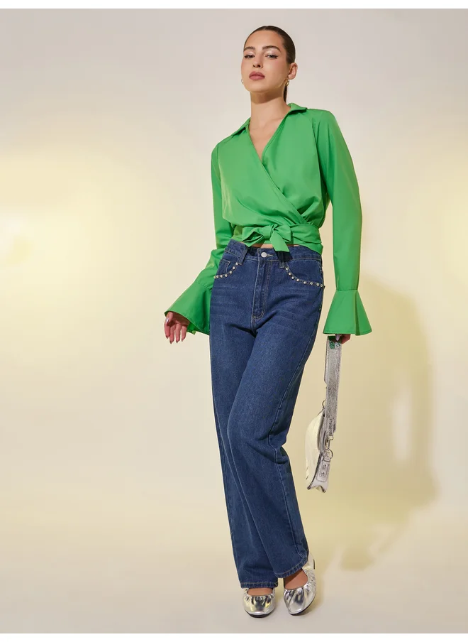 تايك تو Take Two Solid Long Sleeve Cropped Wrap Top