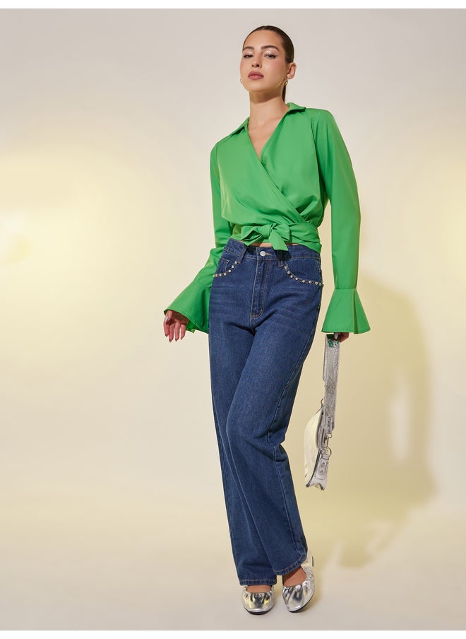 Take Two Take Two Solid Long Sleeve Cropped Wrap Top  - Image 2