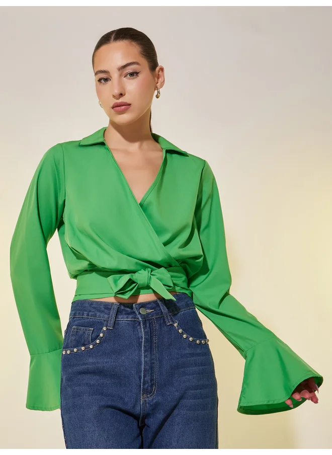 تايك تو Take Two Solid Long Sleeve Cropped Wrap Top