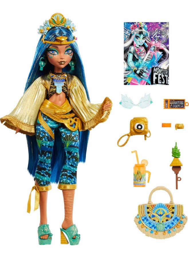 MONSTER HIGH Monster High Cleo De Nile Doll with Glam Monster Fest Outfit and Festival Themed Accessories Like Snacks, Band Poster, Statement Bag and More - Image 5