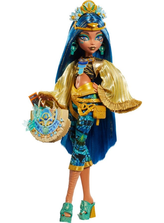 MONSTER HIGH Monster High Cleo De Nile Doll with Glam Monster Fest Outfit and Festival Themed Accessories Like Snacks, Band Poster, Statement Bag and More - Image 1
