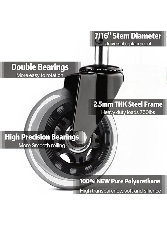 erorex Office Chair Caster Wheels 3 Inch Universal Rollerblade Desk Chair Wheels Replacement Furniture Caster Set Of 5 Smooth Durable Silent Heavy Duty Black - Image 2