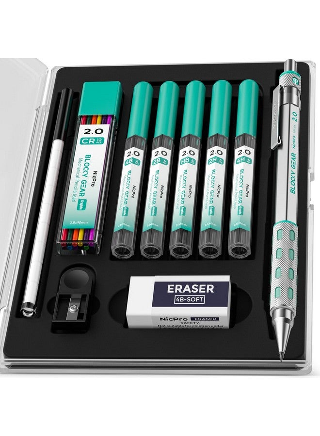 نيكبرو أقلام الرصاص الميكانيكية Blocky Gear 2 مم في حالة حامل الرصاص المعدني مع 6 أنابيب 2 مم إعادة تعبئة الرصاص (Hb 2B 2H 4B 4H والألوان) مبراة وممحاة للفنان النجار كتابة رسم رسم - Image 1