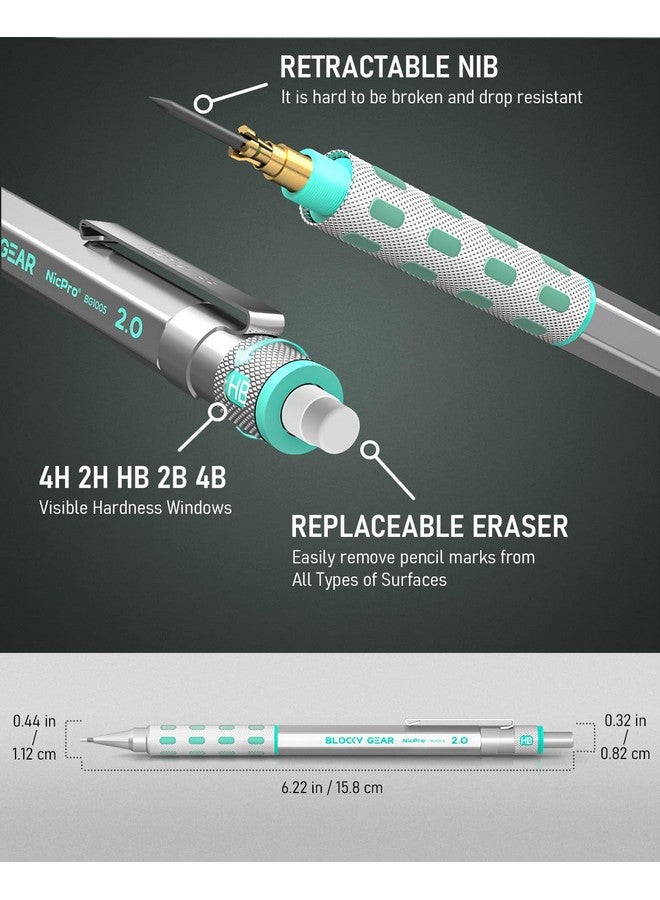 نيكبرو أقلام الرصاص الميكانيكية Blocky Gear 2 مم في حالة حامل الرصاص المعدني مع 6 أنابيب 2 مم إعادة تعبئة الرصاص (Hb 2B 2H 4B 4H والألوان) مبراة وممحاة للفنان النجار كتابة رسم رسم - Image 3
