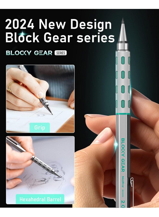 نيكبرو أقلام الرصاص الميكانيكية Blocky Gear 2 مم في حالة حامل الرصاص المعدني مع 6 أنابيب 2 مم إعادة تعبئة الرصاص (Hb 2B 2H 4B 4H والألوان) مبراة وممحاة للفنان النجار كتابة رسم رسم - Image 2