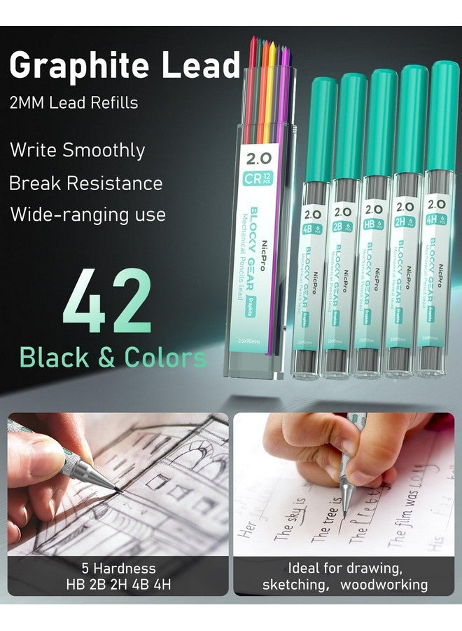 نيكبرو أقلام الرصاص الميكانيكية Blocky Gear 2 مم في حالة حامل الرصاص المعدني مع 6 أنابيب 2 مم إعادة تعبئة الرصاص (Hb 2B 2H 4B 4H والألوان) مبراة وممحاة للفنان النجار كتابة رسم رسم - Image 5